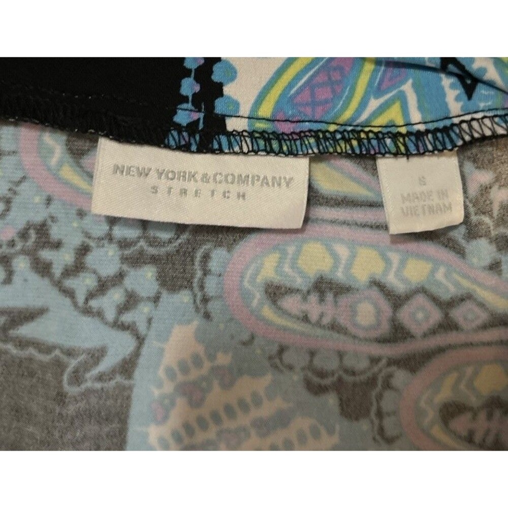 New York and Company Small Bold Multi Color Paisley Dress Stretch Blue Boat Neck - Picture 4 of 5